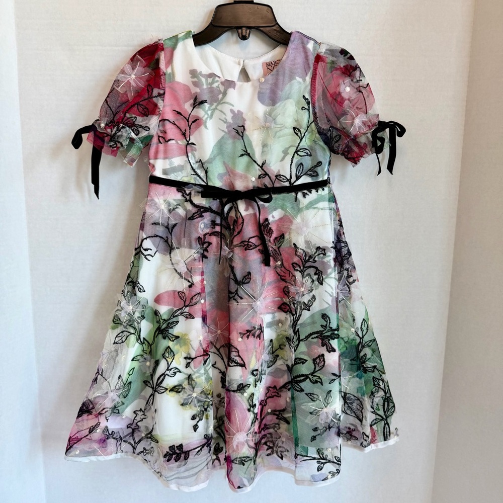 Elegant Floral Kids Dress with Black Ribbon size 4